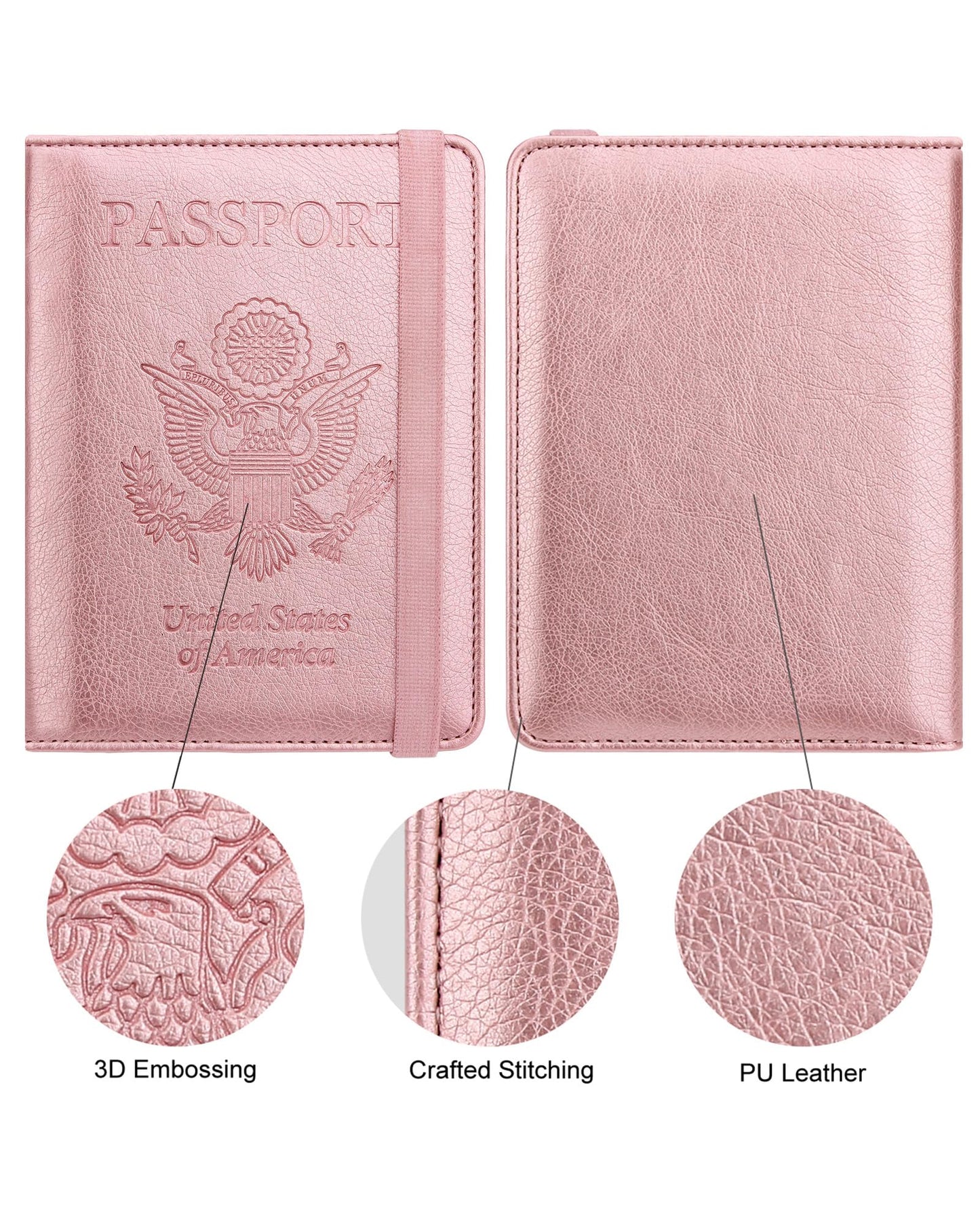 WALNEW Passport Holder for Travel, RFID Passport Cover Wallet for Women Men, PU Leather Passport Book Card Holder Case with Pen (Elastic Band Closure, A-Rosegold)