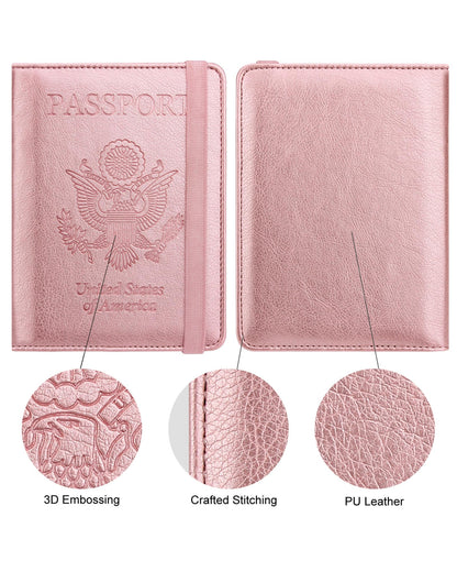 WALNEW Passport Holder for Travel, RFID Passport Cover Wallet for Women Men, PU Leather Passport Book Card Holder Case with Pen (Elastic Band Closure, A-Rosegold)