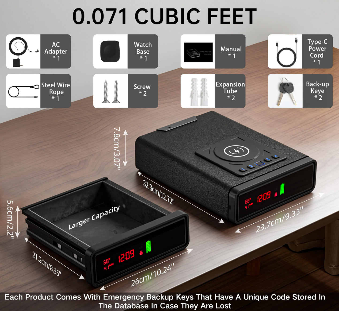 ORARAER Biometric Smart Gun Safe with Wireless Charging, 3 Quick Access Money Box with Fingerprint - Compact Bedside Drawer Safe, 24/7 Digital Clock handgun safe,Valentines Day Gifts for Him