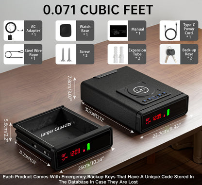 ORARAER Biometric Smart Gun Safe with Wireless Charging, 3 Quick Access Money Box with Fingerprint - Compact Bedside Drawer Safe, 24/7 Digital Clock handgun safe,Valentines Day Gifts for Him