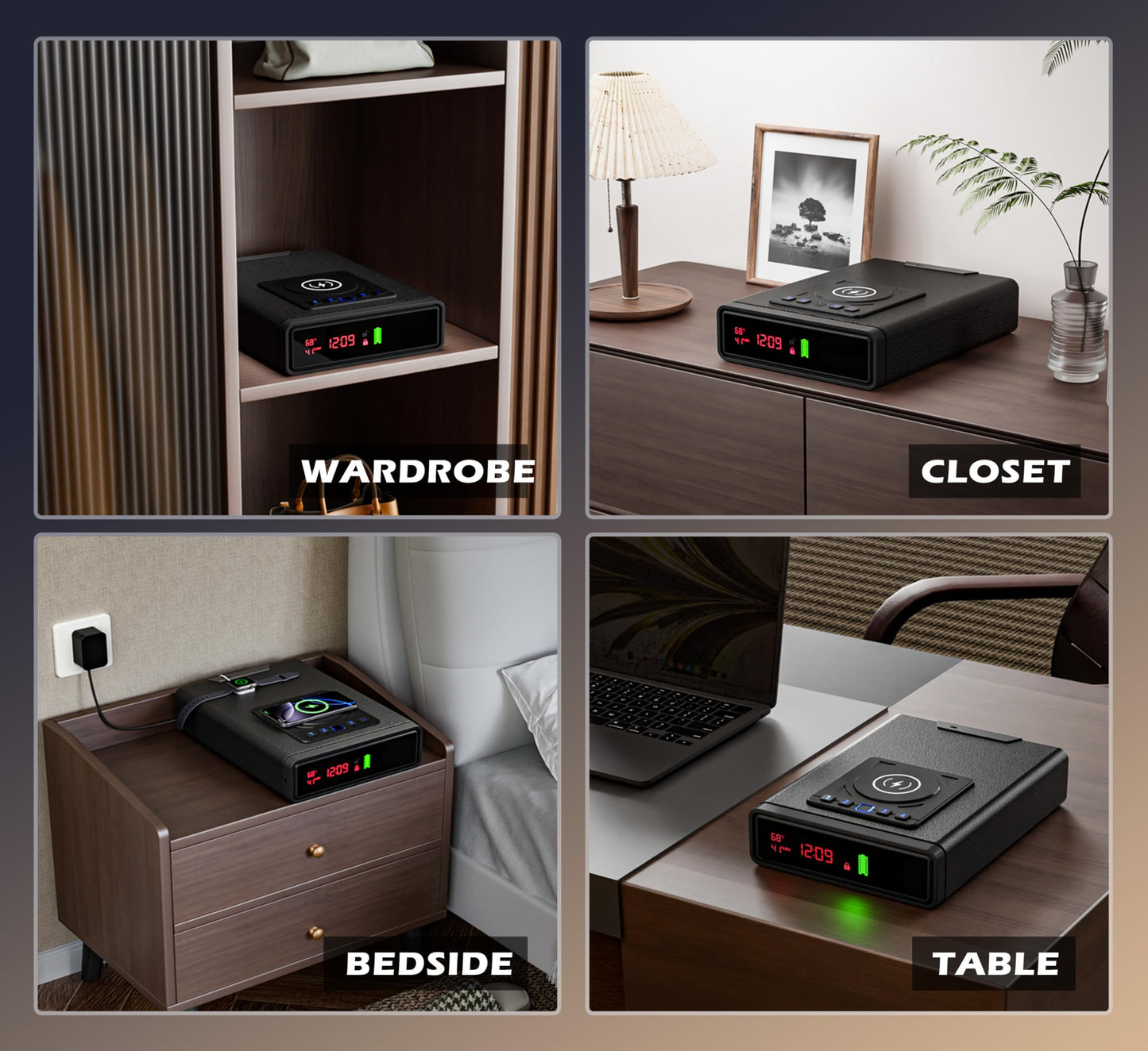 ORARAER Biometric Smart Gun Safe with Wireless Charging, 3 Quick Access Money Box with Fingerprint - Compact Bedside Drawer Safe, 24/7 Digital Clock handgun safe,Valentines Day Gifts for Him