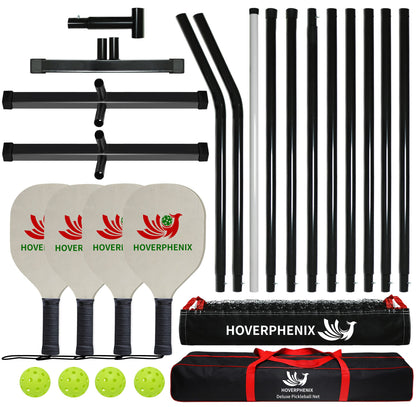 Hoverphenix Pickleball Set with Net for Driveway, Portable Regulation Size Pickleball Net System with Paddle Set of 4, Outdoor Pickleballs, Carry Bag, Weather Resistant Metal Frame