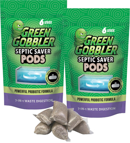 Green Gobbler Septic Tank Treatment Packets, 12 Month Supply - Natural Bacteria to Prevent Costly Septic Issues, Back-Ups, Foul Odor | Pod: Color May Vary