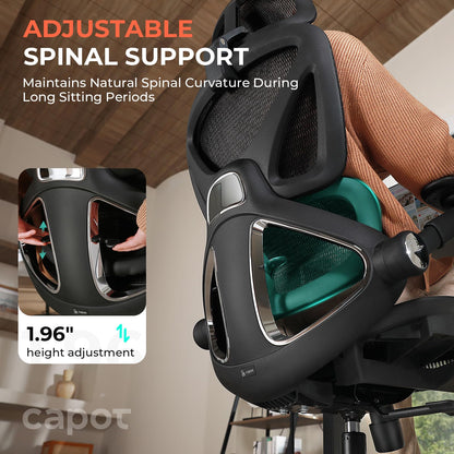 CAPOT Ergonomic Mesh Office Chair, Adjustable Lumbar High Back Desk Chair 400lbs, 4D Flip-up Arms, 3-Level Tilt Backrest, 3D Headrest, PU Wheels, Swivel Rolling Computer Seating for Long Desk Work