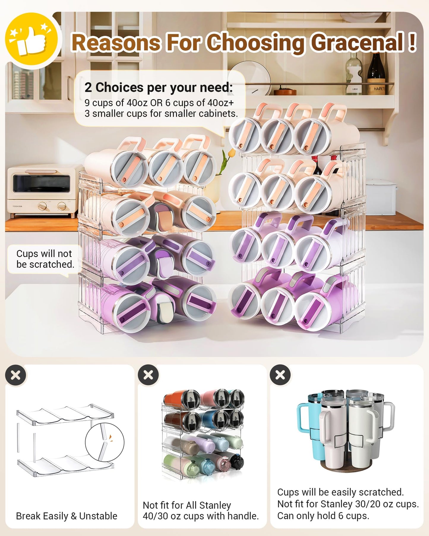 Gracenal Water Bottle Organizer for Stanley 40 oz Tumbler with Handle, Patented Pantry Kitchen Organizers and Storage for Stanley Cup Accessories, Stackable Water Bottle Holder Wine Rack Gifts, 4Pack