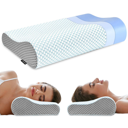 Memory Foam Pillows Neck Pillow Bed Pillow for Sleeping, Ergonomic Cervical Pillow for Neck and Shoulder Pain Relief,Orthopedic Contour Pillow for Side Back Stomach Sleeper(Blue&Grey)