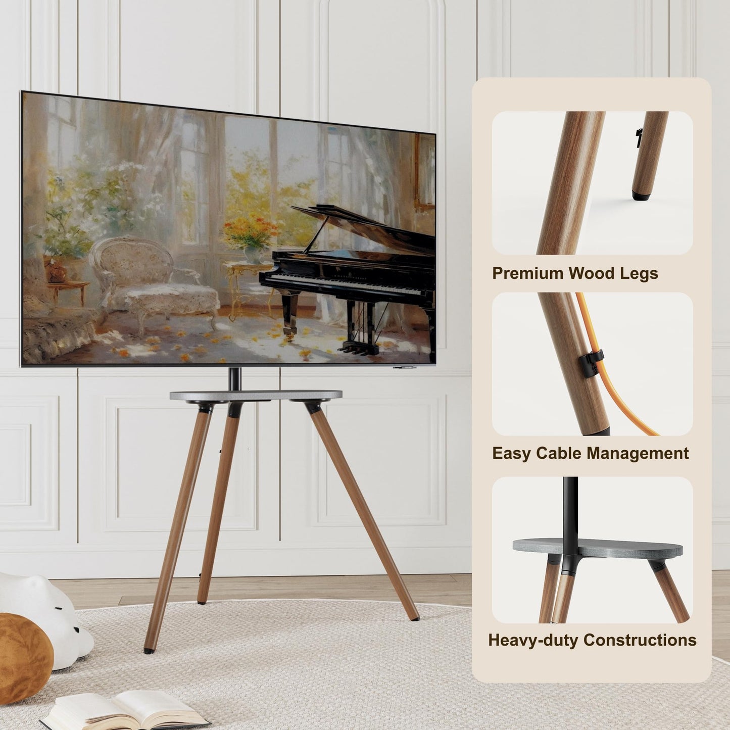 ECOTINY Tripod Easel TV Stand for 43 to 65 Inch LCD LED OLED Screen, Height Adjustable and Swievel TV Stand, Portable Corner TV Floor Stand with Wooden Tray, VESA 400x400mm, Minimalist Black Walnut