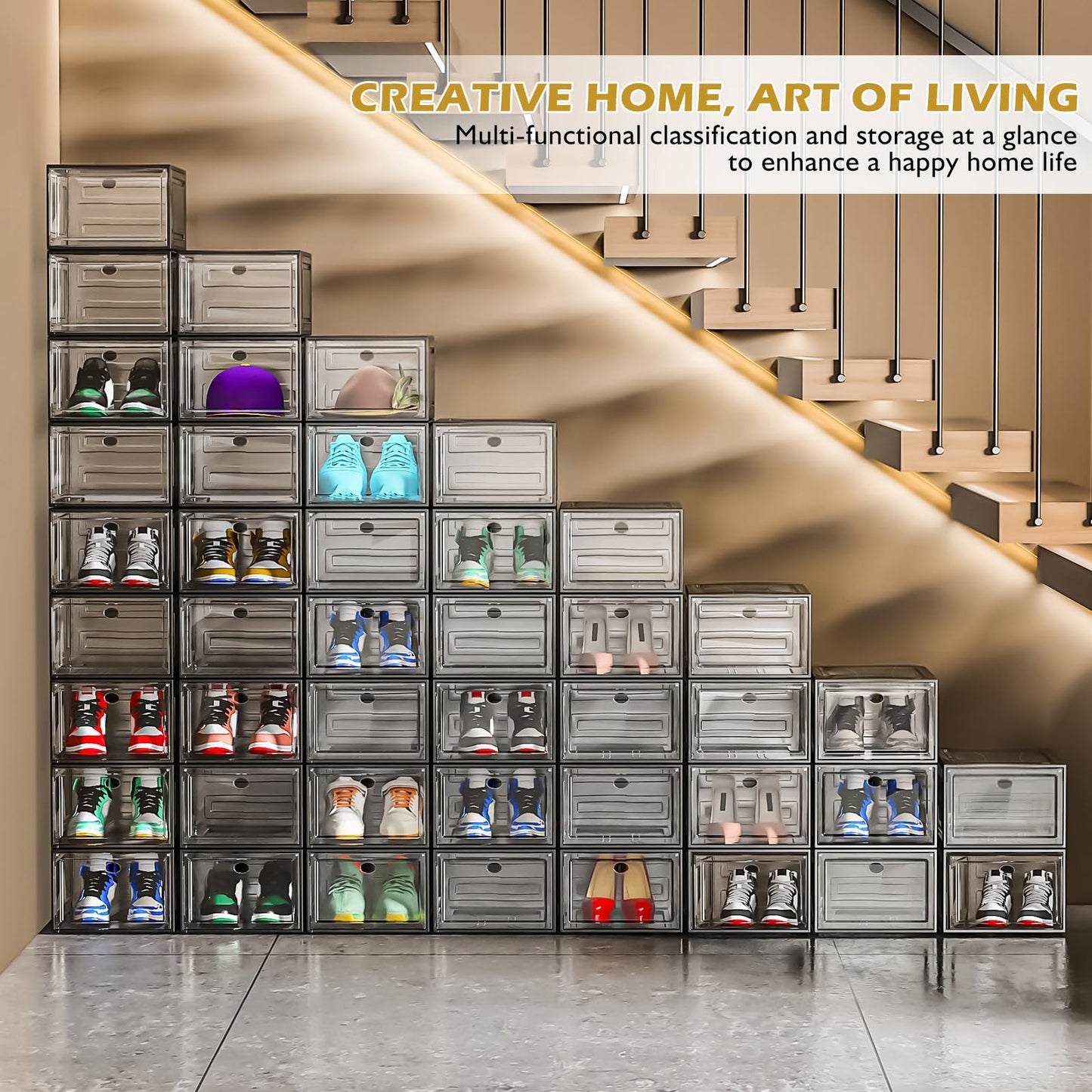 12 Pack Clear Shoe Storage Organizer with Magnetic Door, Stackable Plastic Shoe Boxes for Sneakers, Boots, and Heels, Space-Saving Foldable Shoe Rack for Closet, Durable Shoe Cabinet Organizer, Black