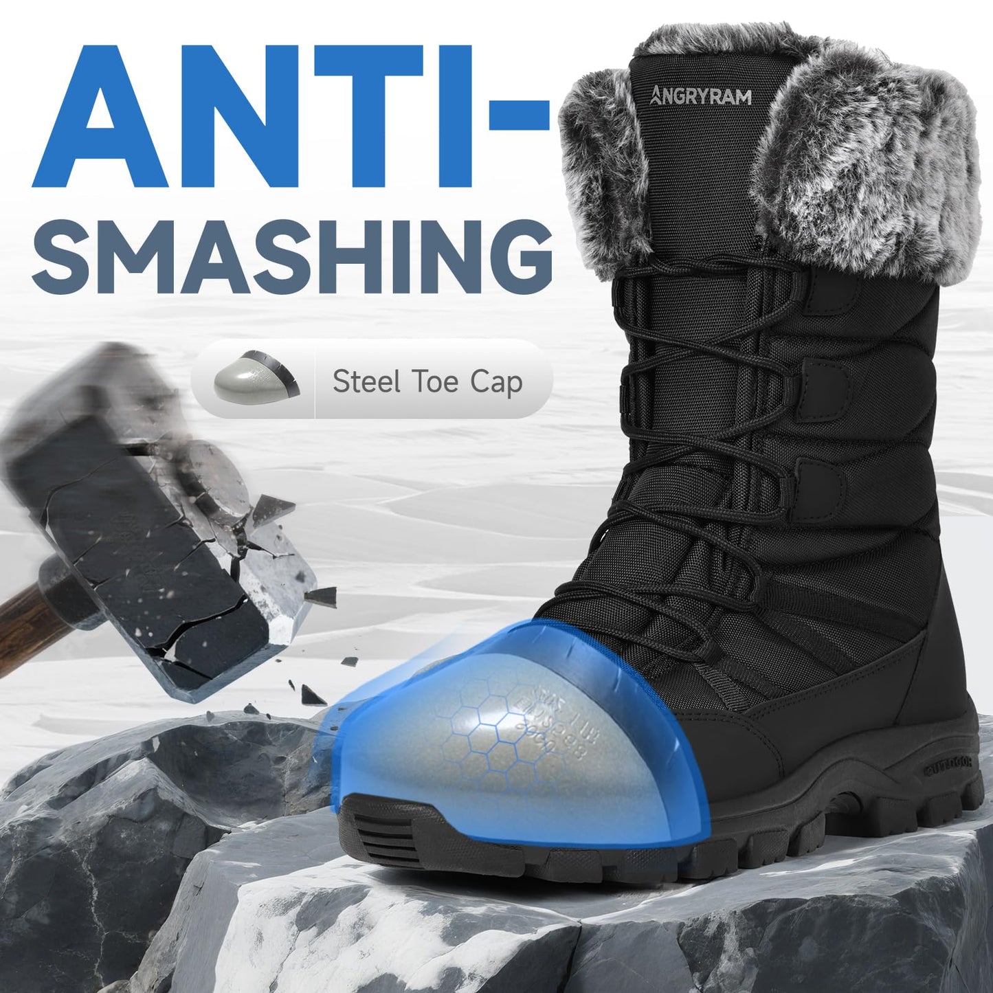 ANGRYRAM Winter Steel Toe Boots for Women Warm Insulated Non Slip Snow Boots Comfortable Work Shoes Mid Calf Faux Fur Furry Snow Shoes for Industry Construction Outdoor Winter