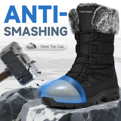 ANGRYRAM Winter Steel Toe Boots for Women Warm Insulated Non Slip Snow Boots Comfortable Work Shoes Mid Calf Faux Fur Furry Snow Shoes for Industry Construction Outdoor Winter