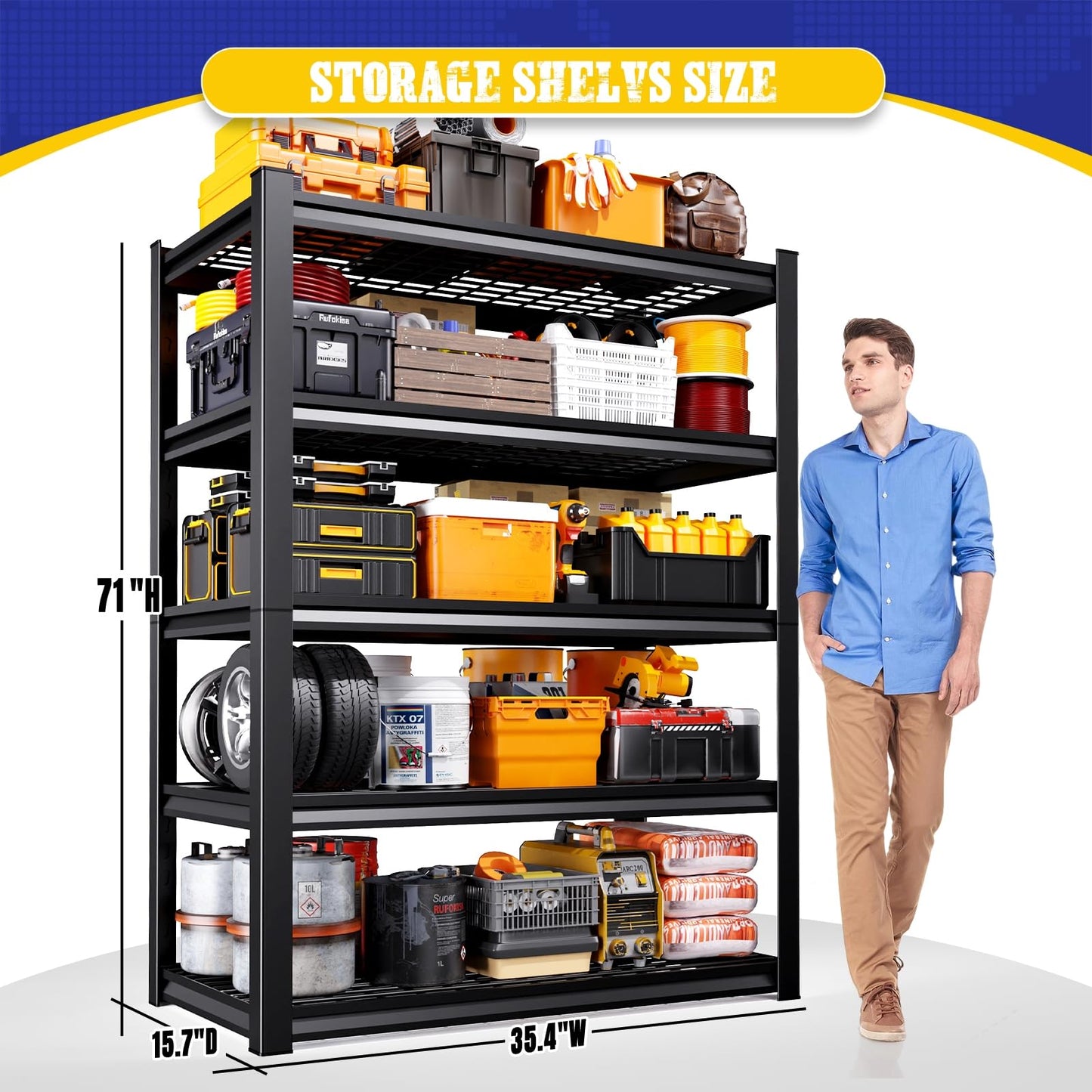AOAORGG 71" H Garage Shelving 5-Tier Heavy Duty Storage Shelves, Tool-Free Adjustable Metal Shelf Unit, Utility Organizer Rack for Basement, Pantry, Kitchen, Warehouse, 15.7" Dx35.4 Wx71 H, Black