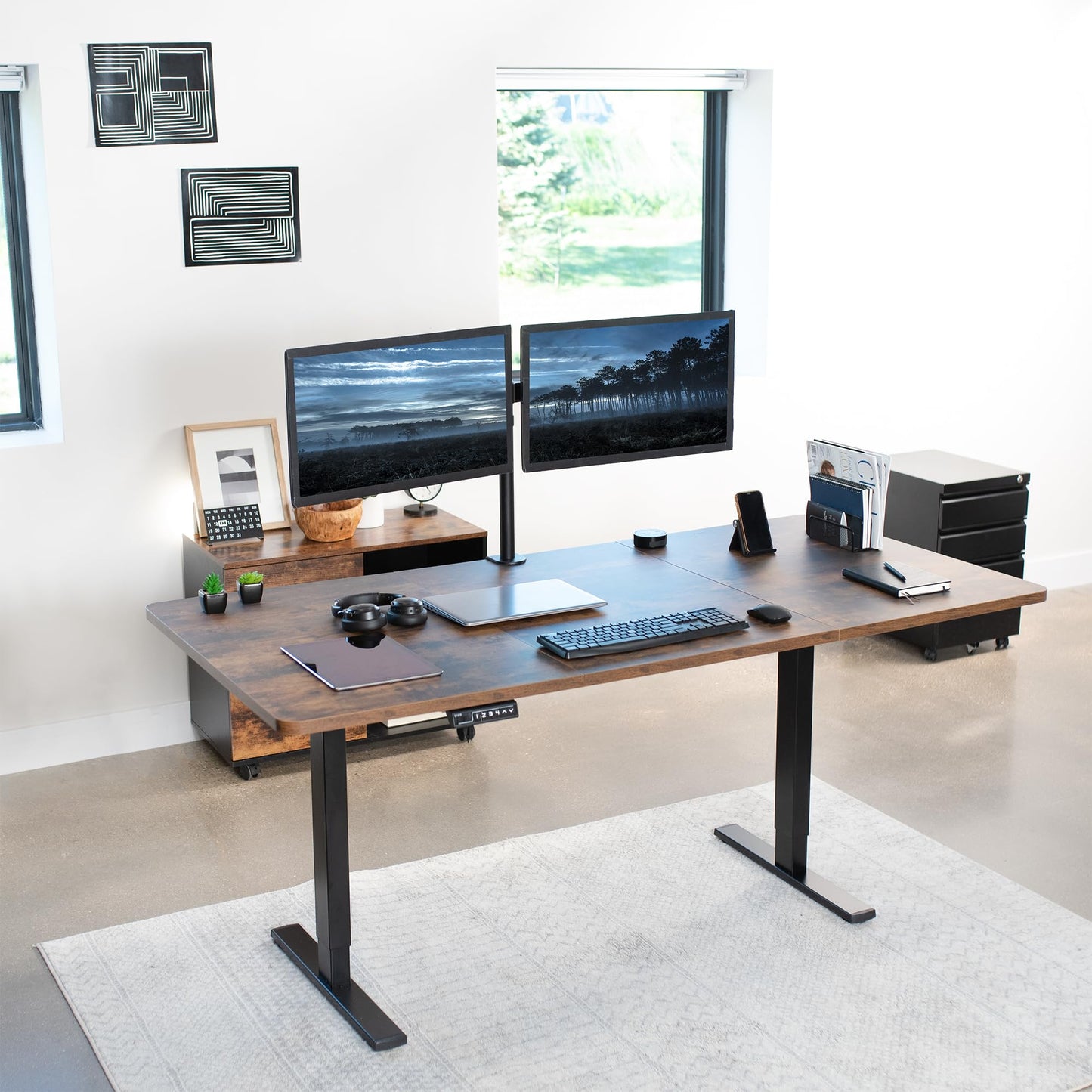 VIVO Electric 71 x 36 inch Rustic Standing Desk Workstation, Memory Controller Height Adjustment, 1B Series, Vintage Brown Top Black Frame, DESK-KIT-1B7N-36