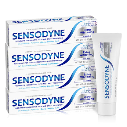 Sensodyne Extra Whitening Sensitive Teeth and Cavity Prevention Whitening Toothpaste, Amazon Exclusive, Cool Mint, Amazon Exclusive- 4 Ounces (Pack of 4)