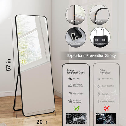SCWF-GZ 57x20 Door Hanging Full Length Mirror, Floor Stand (Height 5.7ft just Body in1.3ft) Wall Mounted Metal Frame Rectangle Dressing Mirrors for Bedroom Living Room 57 inch Black