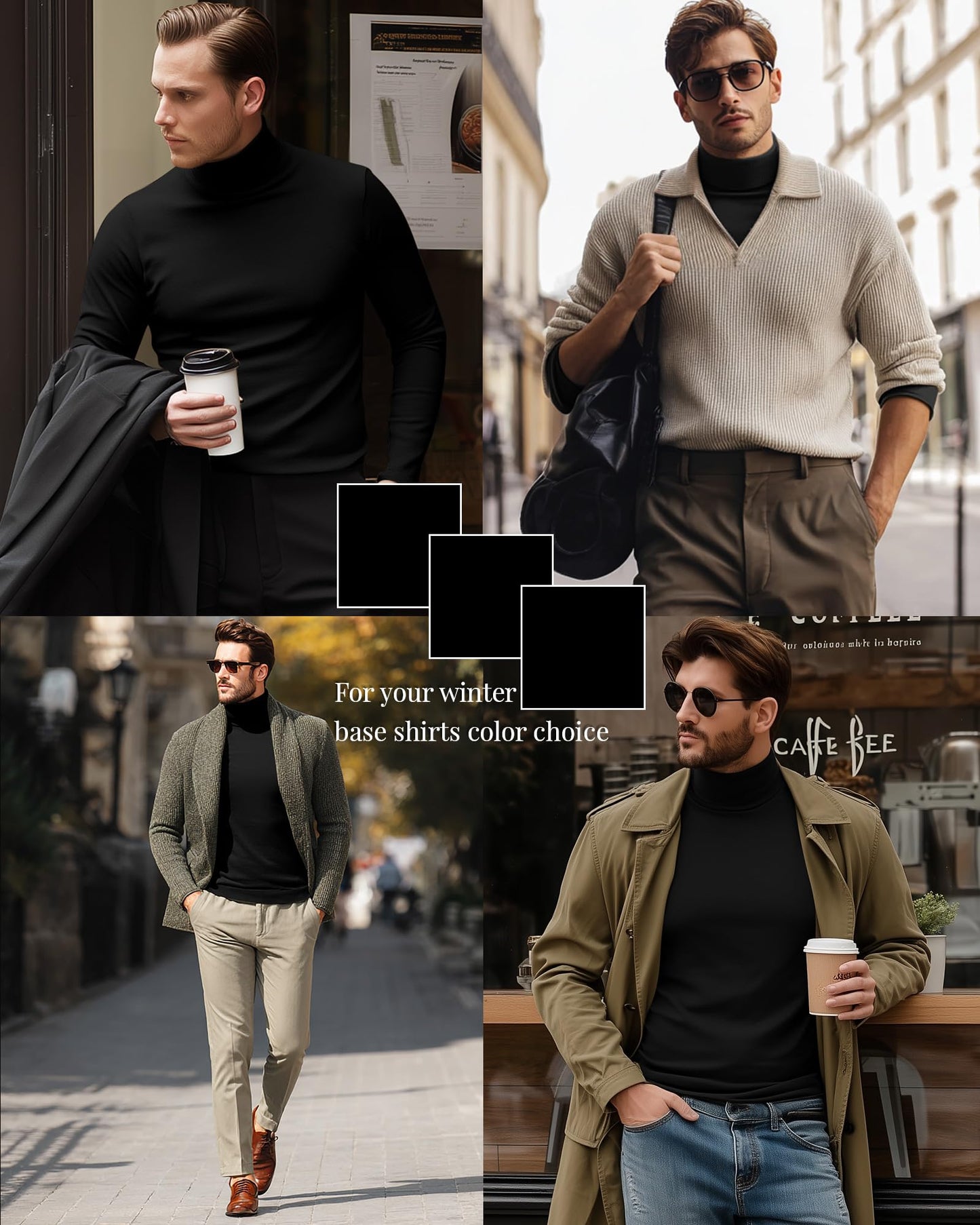 Ficerd 3 Pack Men's Turtleneck Shirts, Long Sleeve Cotton Pullover Sweaters Mock Neck Knitted T Shirt Basic Slim Fit Tee Tops(Black,Large)