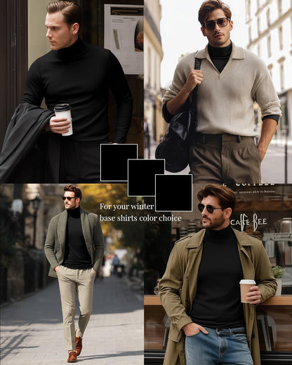 Ficerd 3 Pack Men's Turtleneck Shirts, Long Sleeve Cotton Pullover Sweaters Mock Neck Knitted T Shirt Basic Slim Fit Tee Tops(Black,Large)