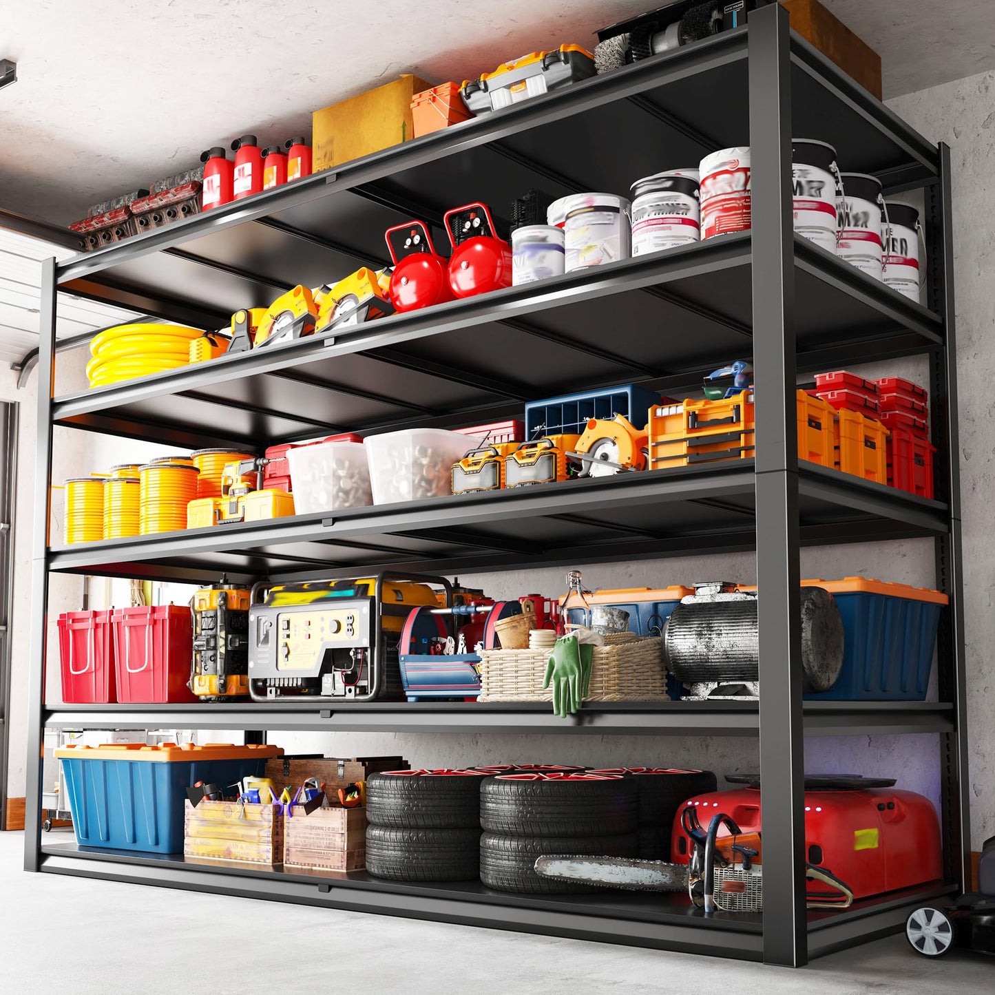 REIBII 78" H Garage Shelving, Storage Shelves Heavy Duty Load 3000LBS, Adjustable Heavy Duty Shelving, 5 Tier Metal Shelving Unit for Storage Rack, Basement, 55" W x 26" D x 78" H, Black
