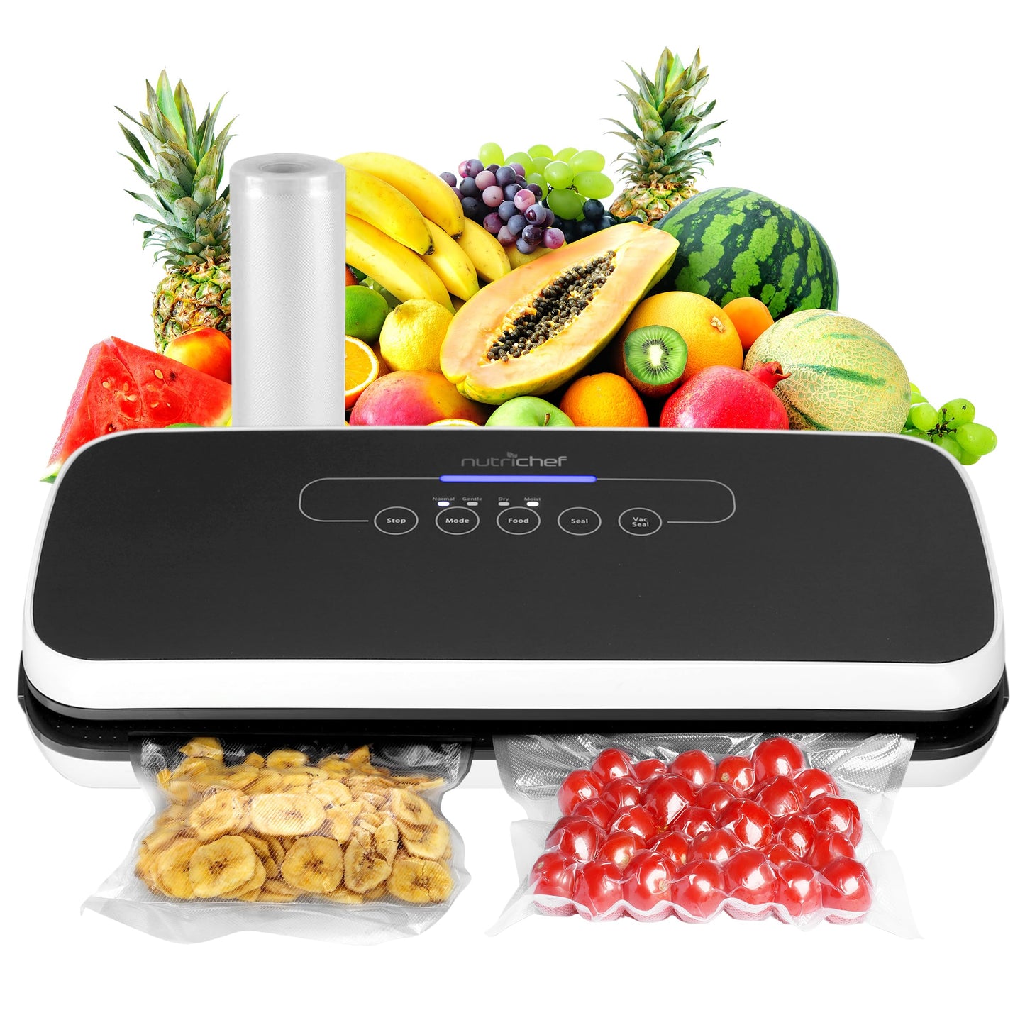 NutriChef Automatic Vacuum Air Sealing System for Food Preservation with Starter Kit, Compact Design, Lab Tested, Dry & Moist Food Modes with Led Indicator Lights, Black