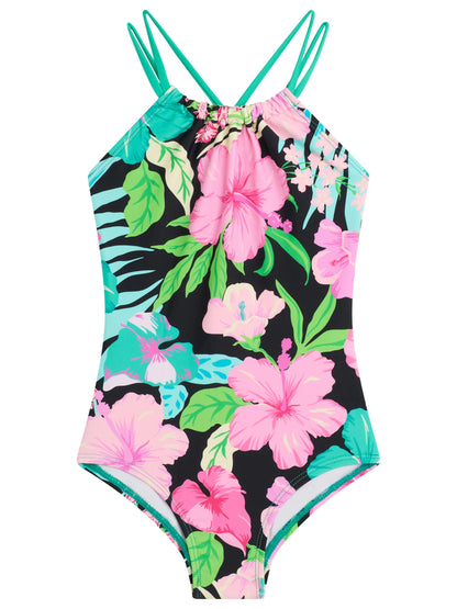 Kanu Surf Girls, Jasmine Beach Sport Halter One Piece Swimsuit, Darcy Black/Pink, 14