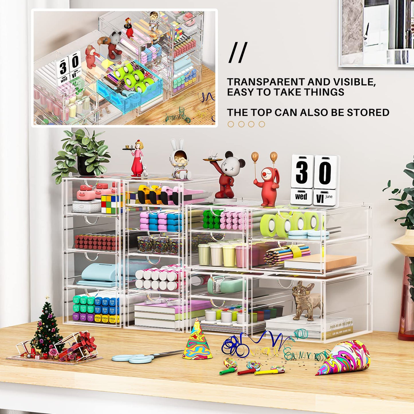 caktraie Makeup Organizer Storage With 16 Drawers, 4 Pcs Desktop Office Supplies, Desk Organizers, Clear Accessories, Dustproof Drawer and for Make Up, Jewelry, Pen, Stationary
