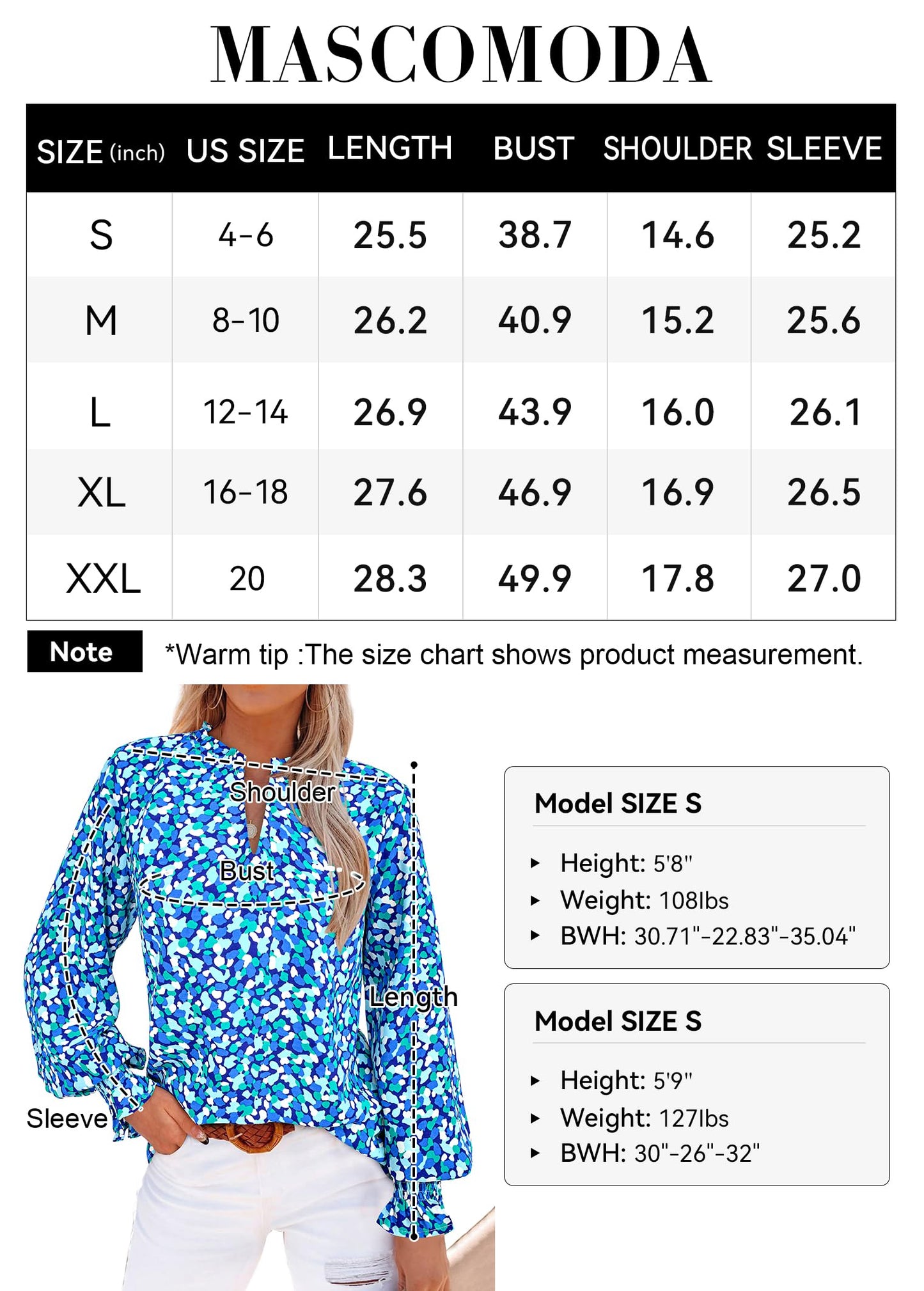 MASCOMODA Womens V Neck Floral Long Sleeve Tops 2024 Summer Casual Loose Puff Sleeve Chiffon Boho Work Blouse Dressy T Shirts(Blue,Small)