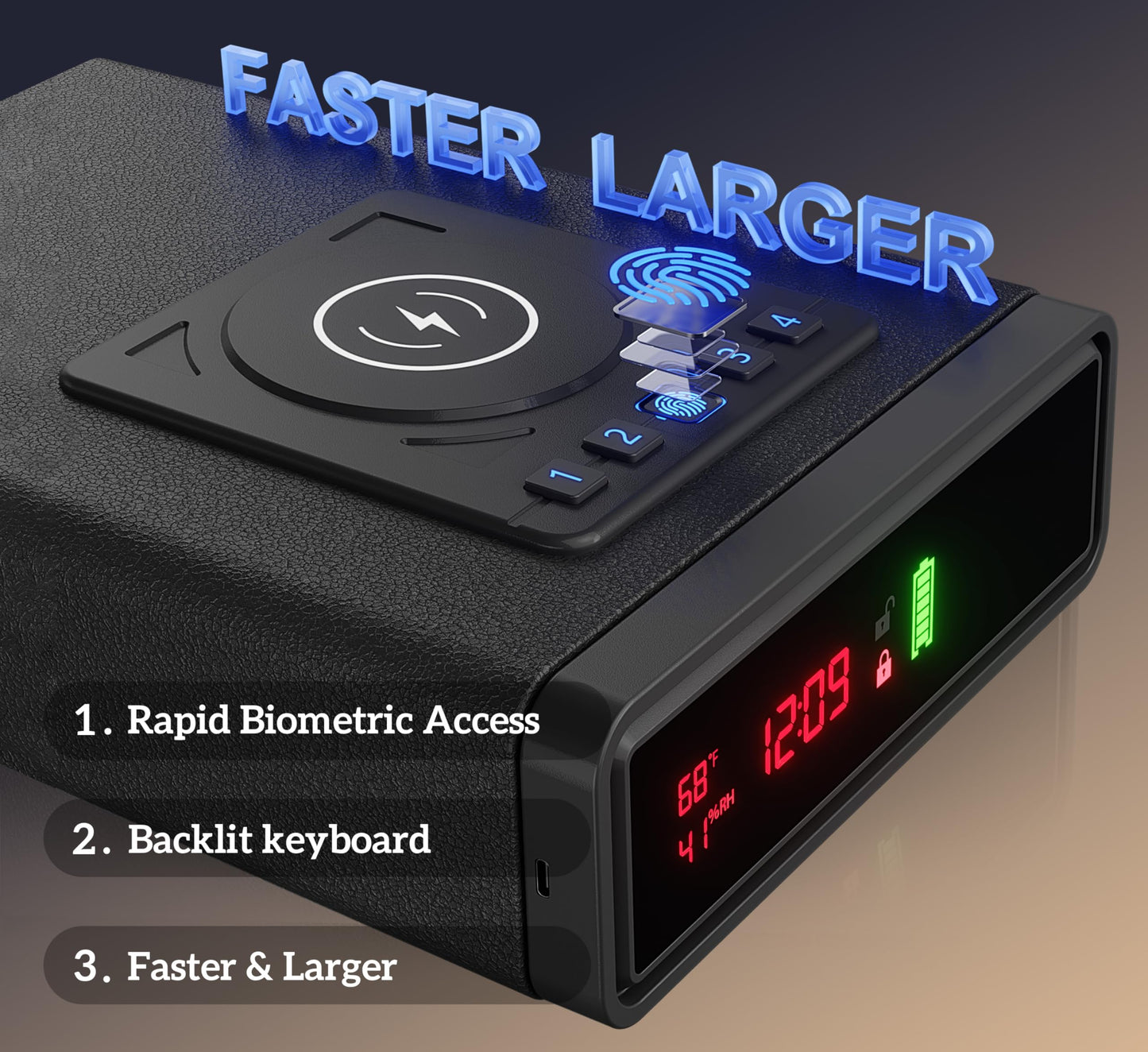 ORARAER Biometric Smart Gun Safe with Wireless Charging, 3 Quick Access Money Box with Fingerprint - Compact Bedside Drawer Safe, 24/7 Digital Clock handgun safe,Valentines Day Gifts for Him