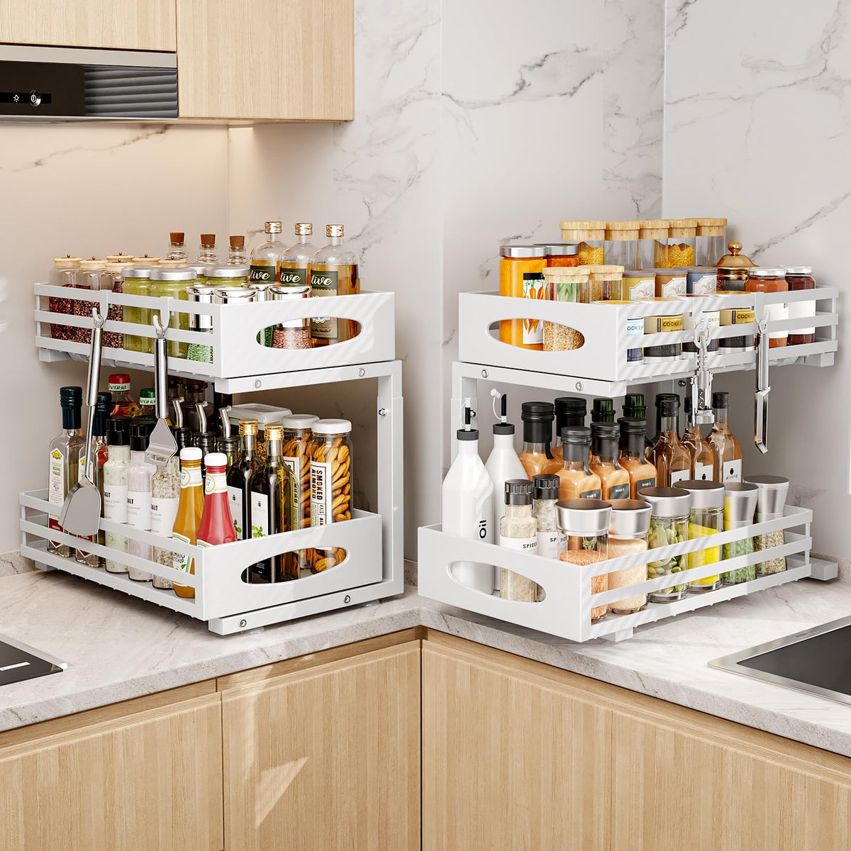 mixeshop Under Sink Organizer, Pull Out Cabinet Organizers, Slide Sink Steel Shelf Cabinet Storage Shelves, Under Sink Storage for Kitchen Bathroom Cabinet (White, 2 Pack)