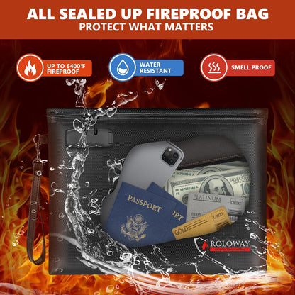 ROLOWAY Fireproof Document Bag (14.5 x 11.5 inch), 6400℉ Fireproof Money Bag with Zipper for Cash, Fireproof Bag Money Pouch, Fire Safe Cash Bag Banker Bag, Smell Proof Bag Money Bag with Lock (Black)