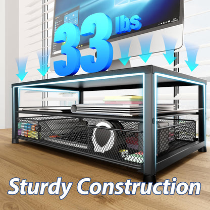 OPNICE Desk Organizer and Accessories, 2-Tier Computer Monitor Stand Riser with Drawer and 2 Pen Holders, Office Desk Accessories for Office Supplies, Black