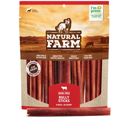 Natural Farm Odor-Free Bully Sticks (6 Inch, 25 Pack), 1.3 lb. Bag, Fully Digestible 100% Beef Pizzle Chews, Grass-Fed, Non-GMO, Grain-Free, Natural Long-Lasting Chews for Small & Large Dogs