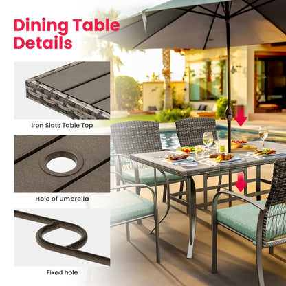 Pamapic Patio Dining Set, 7 Piece, Outdoor Wicker Furniture Set for Backyard Garden Deck Poolside/Iron Slats Table Top, Removable Cushion, Green