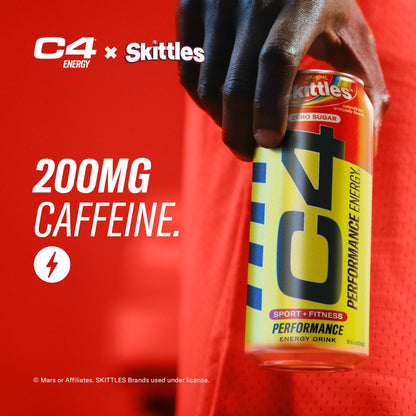 Cellucor C4 Performance Energy Drink | SKITTLES | Zero Sugar Carbonated Preworkout Energy | 200mg Caffeine with Beta Alanine | 16 Fl Oz (12 Pack)