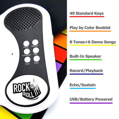 MUKIKIM Rock and Roll It - The Original Rainbow Piano. Roll Up Flexible Piano Keyboard for Kids / Beginners. Portable 49 Keys Silicone Pad. Play-by-Color Songbook Included!