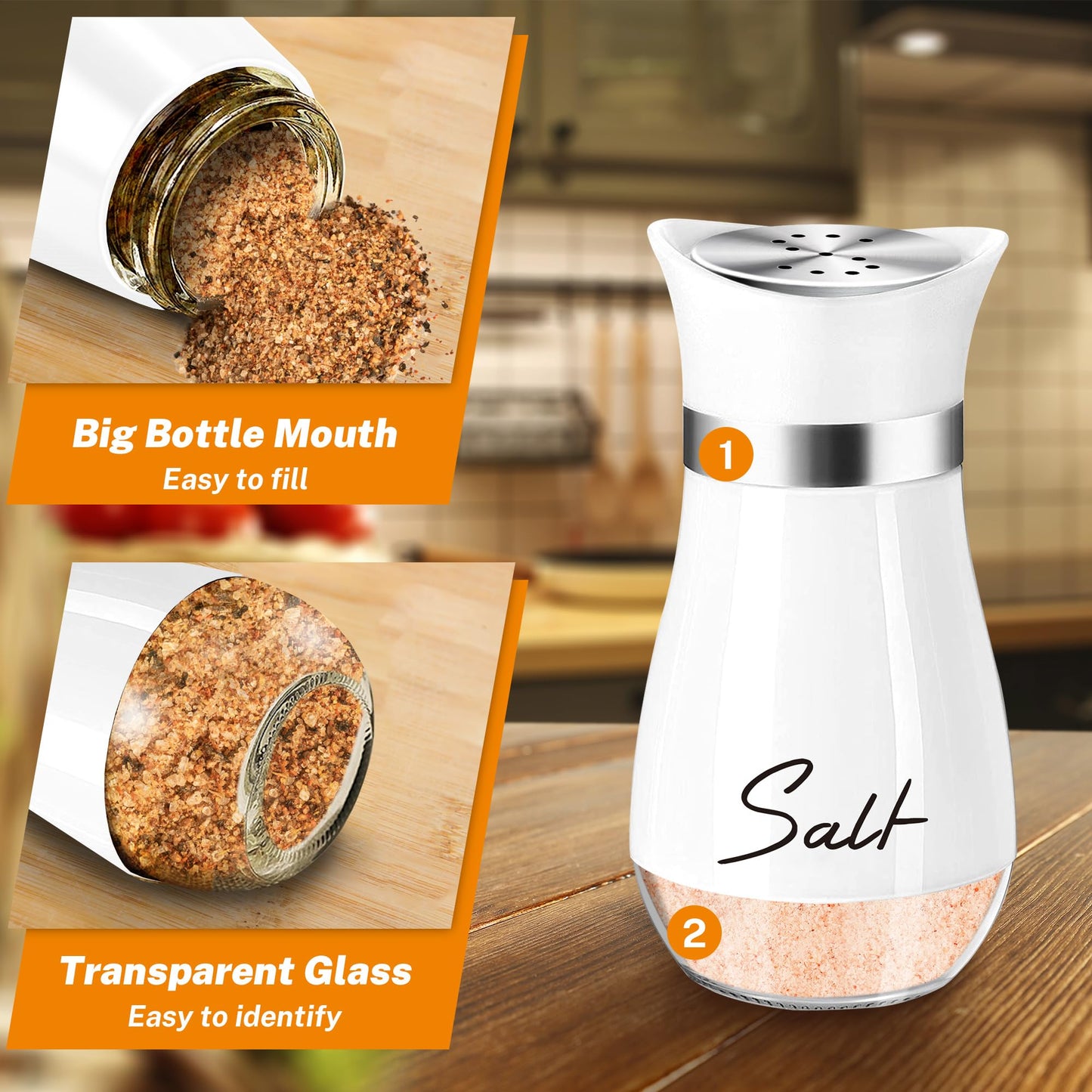 Salt and Pepper Shakers Set,4 oz Glass Bottom Salt Pepper Shaker with Stainless Steel Lid for Kitchen Gadgets Cooking Table, RV, Camp,BBQ Refillable Design (White + Black)