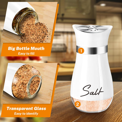 Salt and Pepper Shakers Set,4 oz Glass Bottom Salt Pepper Shaker with Stainless Steel Lid for Kitchen Gadgets Cooking Table, RV, Camp,BBQ Refillable Design (White + Black)