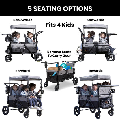 Jeep Wrangler Deluxe 4 Seater Stroller Wagon by Delta Children - Premium Quad Stroller Wagon for 4 Kids with Convertible Seats, Adjustable Push/Pull Handles, Removable Canopy & Flat Fold, Grey