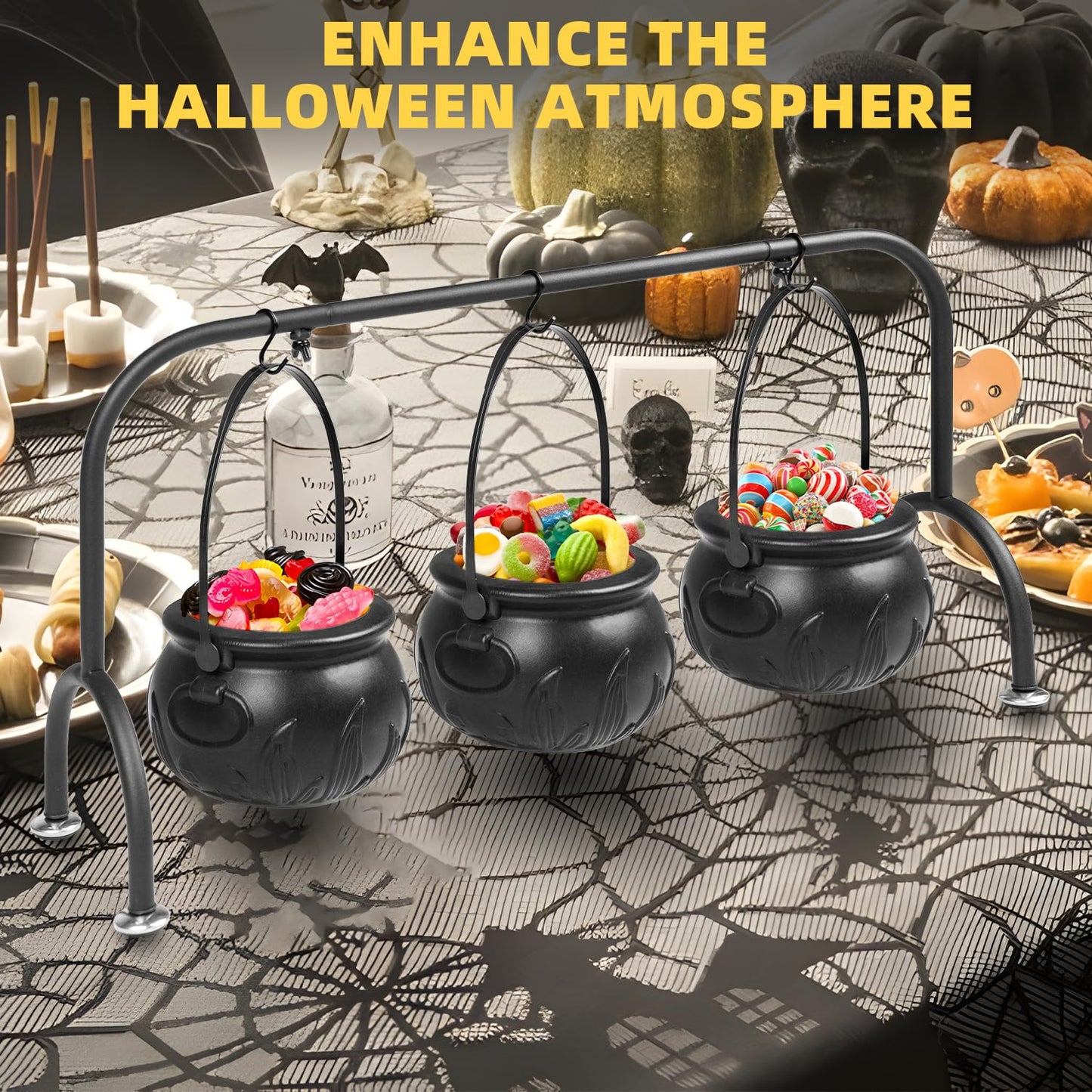 Halloween Party Decorations Indoor,Set of 3 Witches Cauldron Candy Serving Bowls With Rack,Halloween Party Supplies,Black Plastic Candy Cauldron for Table Decor