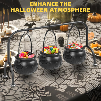 Halloween Party Decorations Indoor,Set of 3 Witches Cauldron Candy Serving Bowls With Rack,Halloween Party Supplies,Black Plastic Candy Cauldron for Table Decor