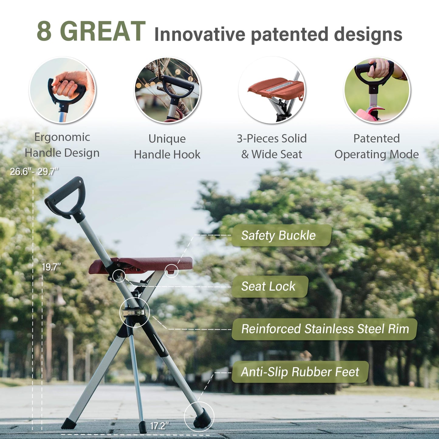 STEP2GOLD Ta-Da Chair Series 2- Portable Walking Stick, Cane with Seat, Foldable Chair, Hiking Stick, for Camping, Hiking, Lightweight Aluminum, Easy Carry, Anti-Slip (34.2"/Black)