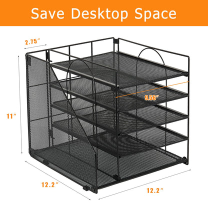 LEKETREE Desk Organizers and Accessories, 5-Tier Paper Letter Tray Organizer with File Holder, Desktop Organizer for Office Supplies (Black)