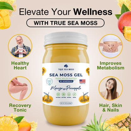 TrueSeaMoss Wildcrafted Irish Sea Moss Gel –7 Flavors- Nutritious Raw Seamoss Rich in Minerals, Proteins & Vitamins – Antioxidant Health Sea Moss, Vegan Made in USA (MANGO/PINEAPPLE, 1)