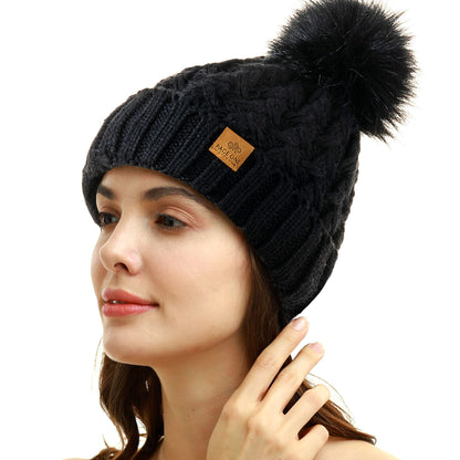 PAGE ONE Womens Winter Ribbed Beanie Crossed Cap Chunky Cable Knit Pompom Soft Warm Hat Black