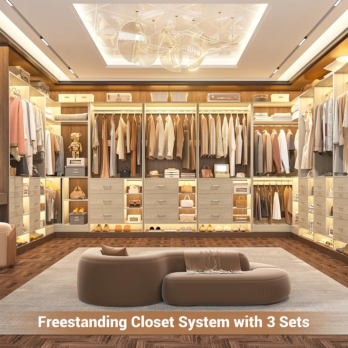 Aheaplus Closet System with 6 Drawers, 4 Hanging Rods & Corner Tower, Corner Closet System with Hanging,92.6" L-Shaped Walk-In Wardrobe Organizer, 2000+ lbs Capacity, Set of 3, White Oak