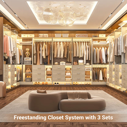 Aheaplus Closet System with 6 Drawers, 4 Hanging Rods & Corner Tower, Corner Closet System with Hanging,92.6" L-Shaped Walk-In Wardrobe Organizer, 2000+ lbs Capacity, Set of 3, White Oak