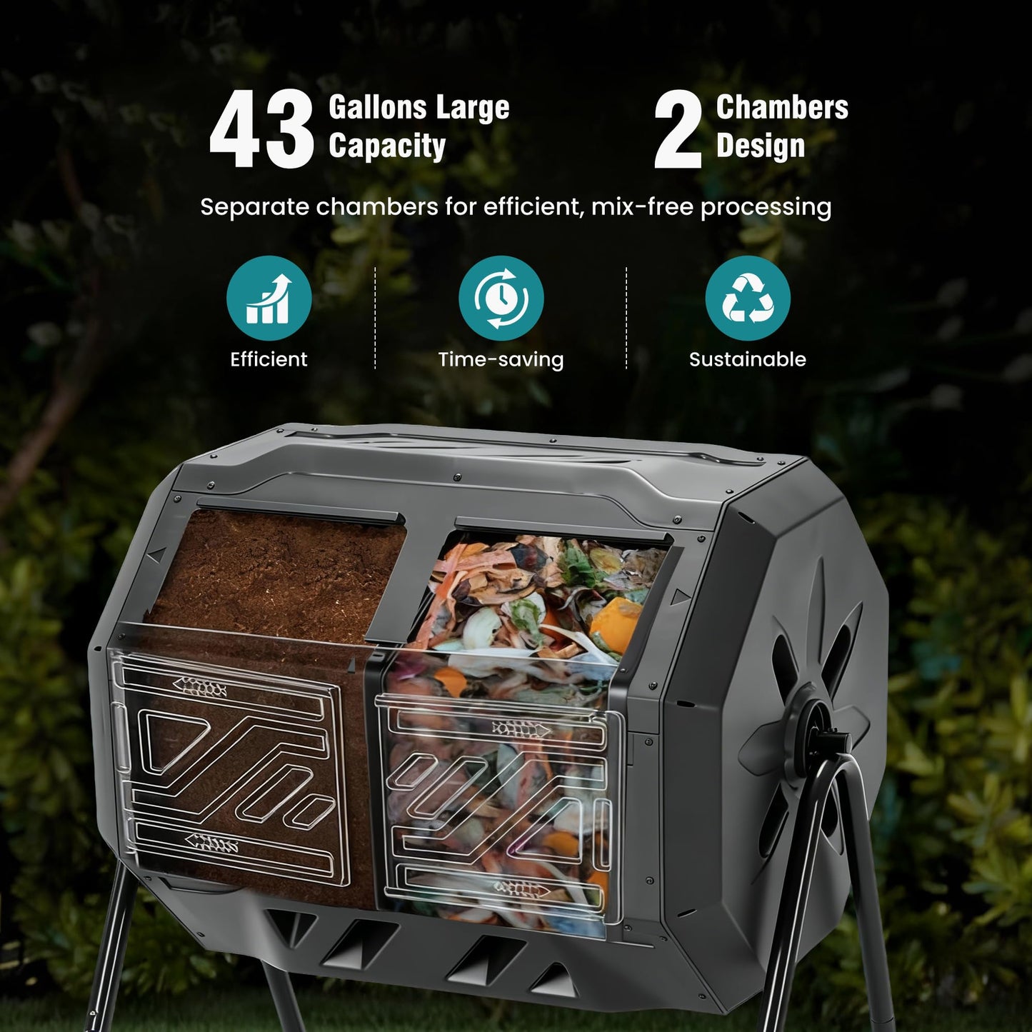 OLIXIS Compost Bin Outdoor 43 Gallon, Dual Chamber Composter Tumbler Outdoor with Gloves, Efficient 360°Rotating Composting Bin for Patio, Lawn, Home Gardening and Landscape, Black