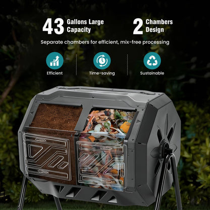 OLIXIS Compost Bin Outdoor 43 Gallon, Dual Chamber Composter Tumbler Outdoor with Gloves, Efficient 360°Rotating Composting Bin for Patio, Lawn, Home Gardening and Landscape, Black