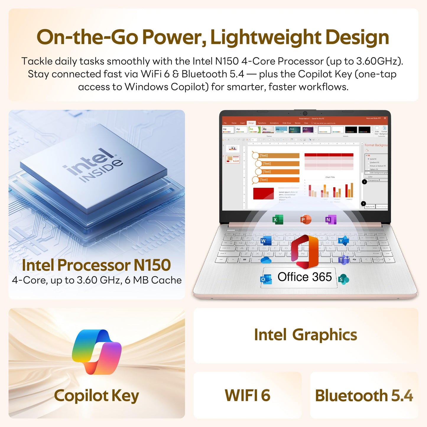 HP Flagship 14" HD Student&Business Laptop with AI Copilot, 13th Gen Intel 4-Core, 4GB RAM, 1.12TB Storage (128GB UFS + 1TB Docking Station), 1 Year Office 365, Wi-Fi 6, Win 11 S, Pale Rose Gold