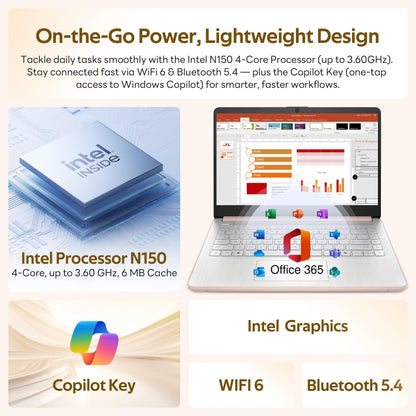 HP Flagship 14" HD Student&Business Laptop with AI Copilot, 13th Gen Intel 4-Core, 4GB RAM, 1.12TB Storage (128GB UFS + 1TB Docking Station), 1 Year Office 365, Wi-Fi 6, Win 11 S, Pale Rose Gold