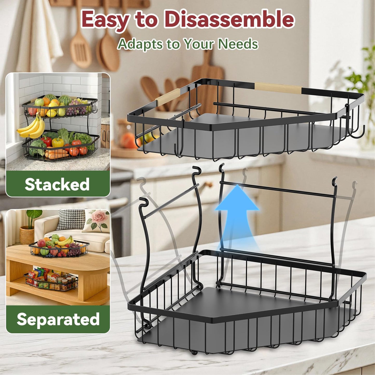 Tequie 2 Tier Fruit Basket for Kitchen Counter - Detachable Metal Fruit Bowl with 2 Banana Hangers for Corner , Large Capacity Fruit Stand with Wooden Handle for Bread Fruit and Vegetable Storage