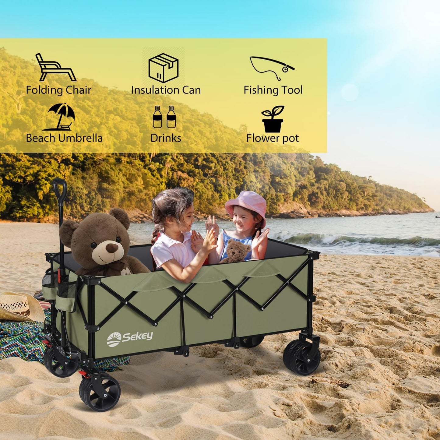 Sekey 48''L Collapsible Foldable Extended Wagon with 440lbs Weight Capacity, Heavy Duty 300L Folding Utility Garden Cart with Big All-Terrain Beach Wheels & Drink Holders. Khaki